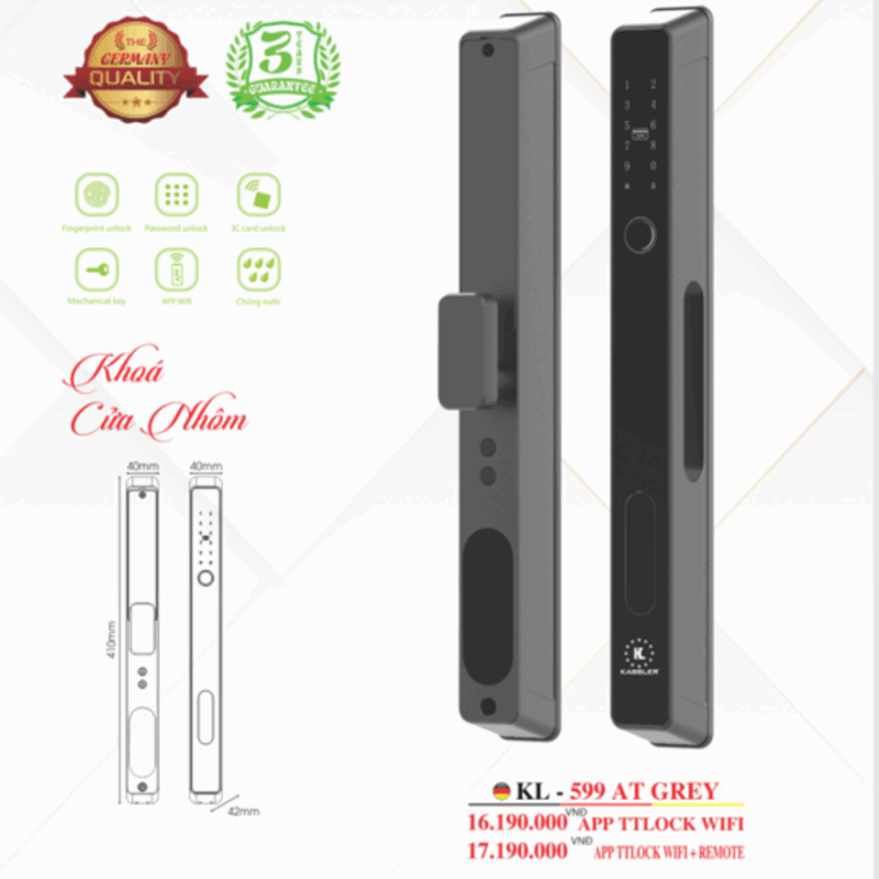 Khóa cửa nhôm Kassler KL-599 AT GREY APP WIFI+REMOTE - 13 Khóa cửa nhôm Kassler KL-599 AT GREY APP WIFI+REMOTE