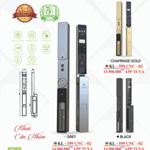 Khóa cửa nhôm Kassler KL-599 CNC-02 GREY APP TUYA