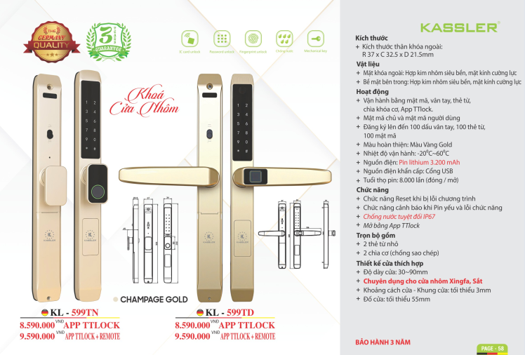 Khóa cửa nhôm Kassler KL-599TN Champagne Gold App - 10 Kassler KL-599TN Champagne Gold App