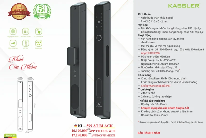 Khóa cửa nhôm Kassler KL-599 AT BLACK APP WIFI+REMOTE - 20 Khóa cửa nhôm Kassler KL-599 AT BLACK APP WIFI+REMOTE