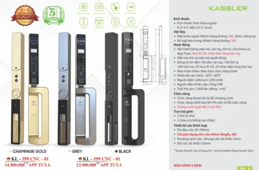 Khóa cửa nhôm Kassler KL-599 CNC-01 GREY APP TUYA