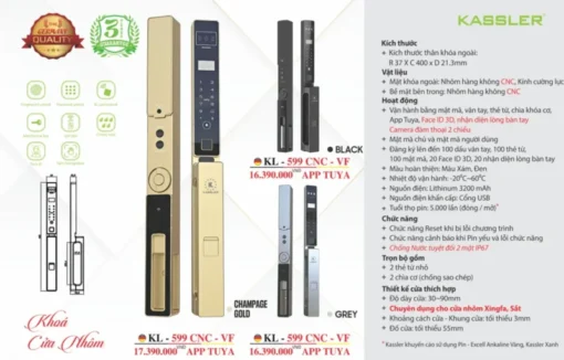 Khóa cửa nhôm Kassler KL-599 CNC-VF CHAMPAGNE GOLD APP