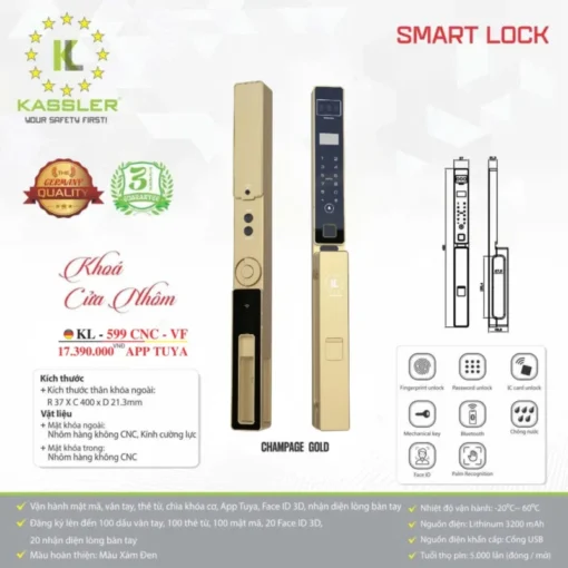 Khóa cửa nhôm Kassler KL-599 CNC-VF CHAMPAGNE GOLD APP