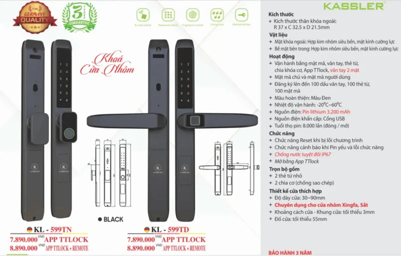 Khóa vân tay cửa nhôm Kassler KL-599TD Black App+Remote - 10 Khóa vân tay cửa nhôm Kassler KL-599TD Black App+Remote