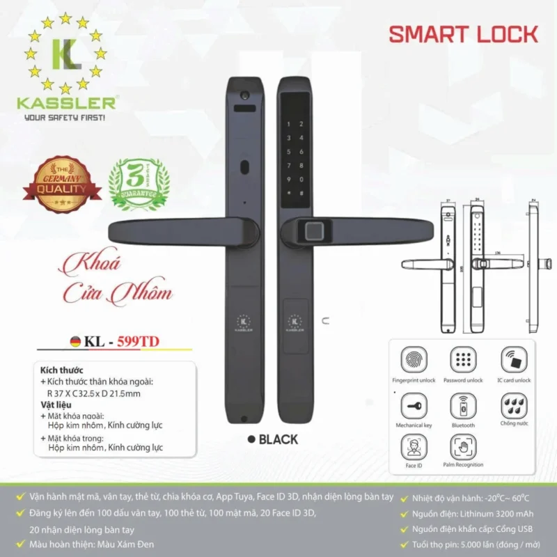 Khóa vân tay cửa nhôm Kassler KL-599TD Black App - 9 Khóa vân tay cửa nhôm Kassler KL-599TD Black App