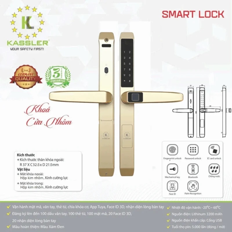 Khóa vân tay cửa nhôm Kassler KL-599TD Champagne Gold App - 10 Khóa vân tay cửa nhôm Kassler KL-599TD Champagne Gold App