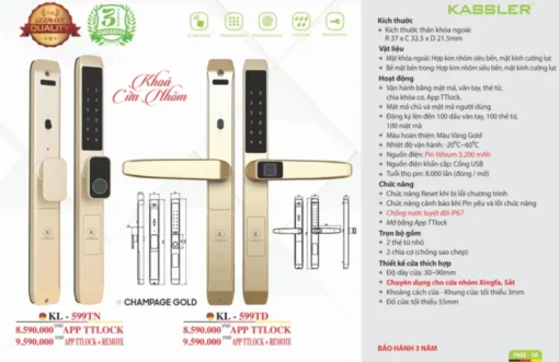 Khóa vân tay cửa nhôm Kassler KL-599TD Champagne Gold App