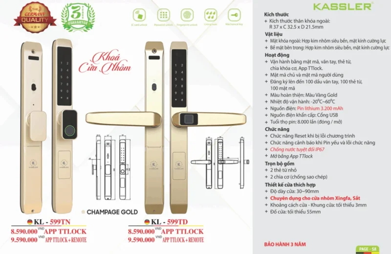 Khóa vân tay cửa nhôm Kassler KL-599TD Champagne Gold App - 9 Khóa vân tay cửa nhôm Kassler KL-599TD Champagne Gold App