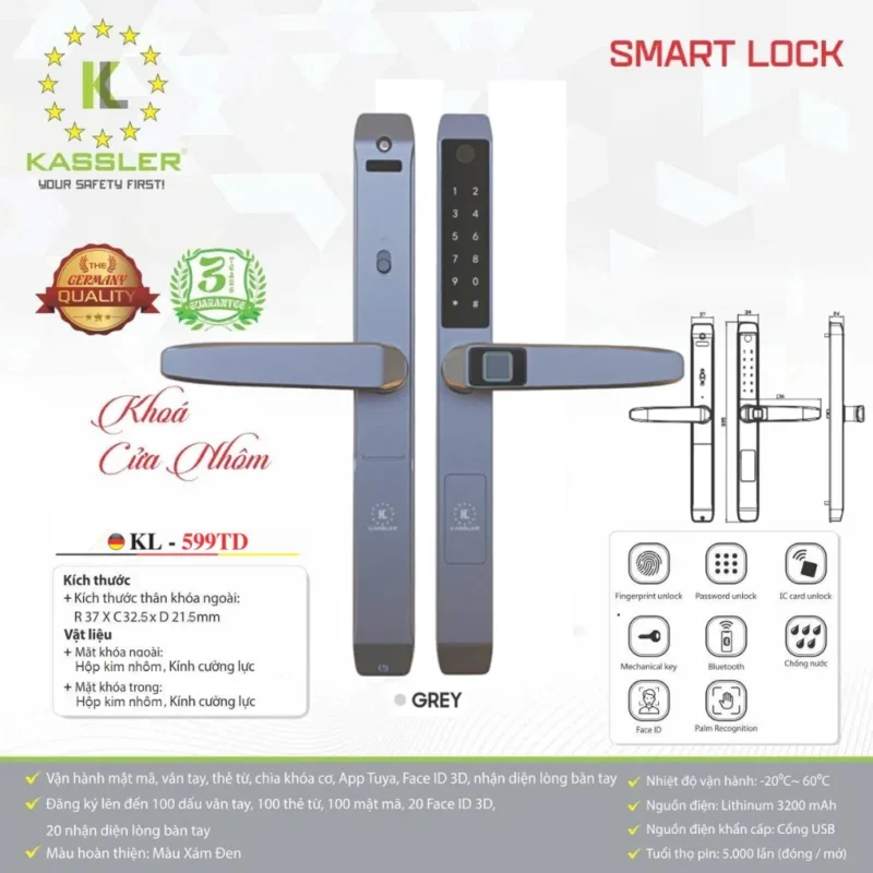 Khóa vân tay cửa nhôm Kassler KL-599TD Grey App - 25 Khóa vân tay cửa nhôm Kassler KL-599TD Grey App