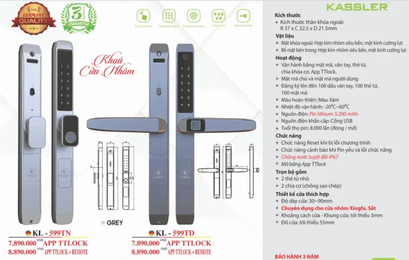 Khóa vân tay cửa nhôm Kassler KL-599TD Grey App+Remote - 6 Khóa vân tay cửa nhôm Kassler KL-599TD Grey App+Remote - 5
