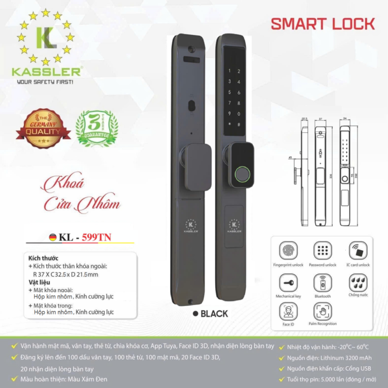 Khóa cửa nhôm Kassler KL-599TN Black App+Remote - 10 Khóa cửa nhôm Kassler KL-599TN Black App+Remote