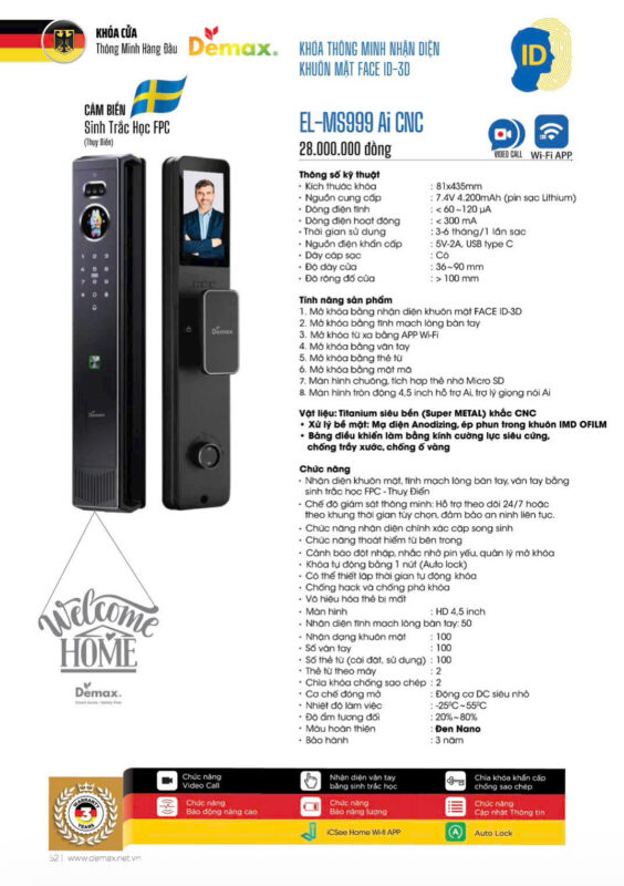 KHÓA CỬA THÔNG MINH DEMAX EL-MS999 AI CNC