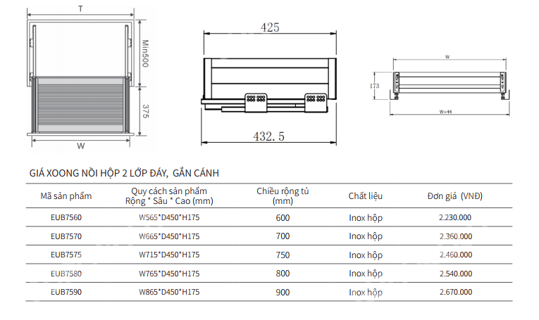 GIÁ XOONG NỒI HỘP 2 LỚP ĐÁY, GẮN CÁNH EUROGOLD EUB7590